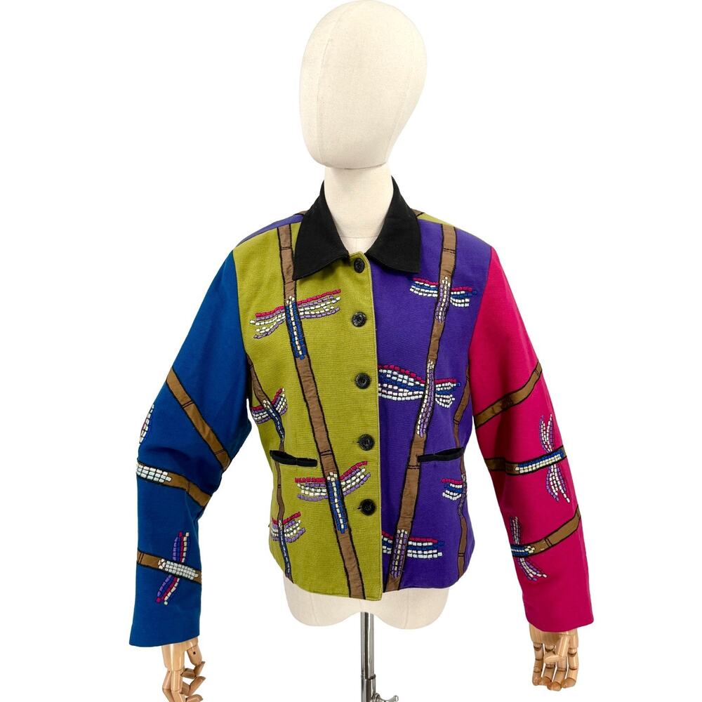 Vintage 90s Tunique Purple Green Dragonfly Beaded Cotton Colorblock Jacket